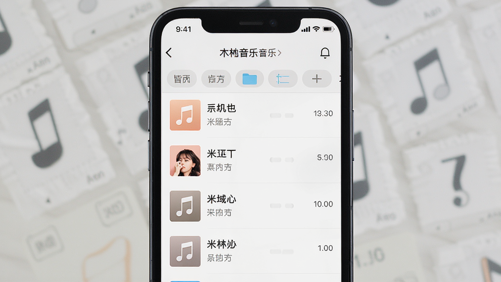 米柚音乐本地音乐管理页面,主体为手机屏幕正面展示,屏幕内呈现本地歌曲列表与文件夹分类标签,布局清晰分层,风格为浅灰白色调极简设计,细节包含音乐文件图标、时长信息和排序按钮,画质干净锐利,画面简洁无冗余装饰