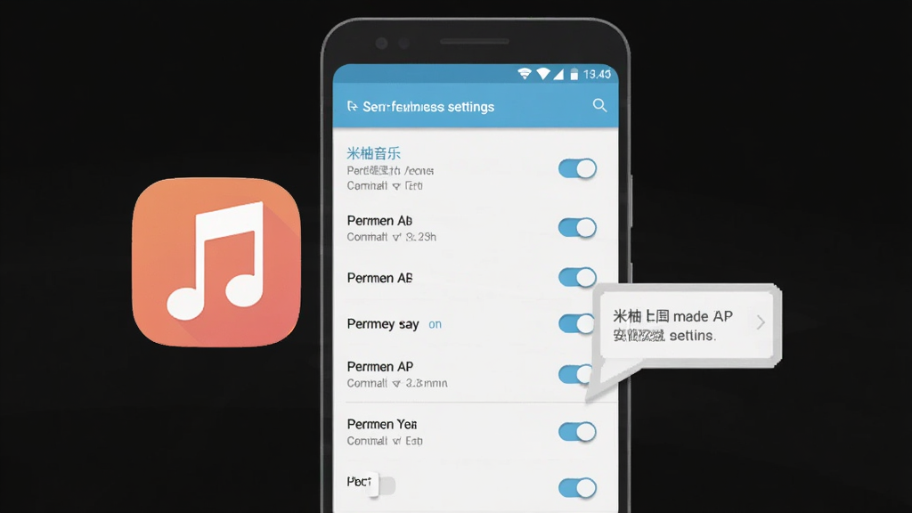 米柚音乐安装权限设置示意图,主体为安卓手机系统设置界面与音乐APP图标组合,布局为手机屏幕居中展示权限开关列表,风格为扁平化浅色系示意风格,细节包含权限开关按钮与提示文字框,画质清晰干净,画面简洁无多余元素
