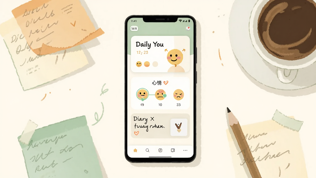 ����������һ��������׿�ֻ�����Ļ��չʾ Daily You Ӧ�õ������棬�������ڿ�Ƭ���������ѡ������һ�μ�̵��ռ����֣��ֻ���Χɢ���ŵ�ɫ��ǩֽ��Ǧ�ʺ�һ�����ȣ����岼�ֲ��þ��й�ͼ���������ף����Ϊ���¼�Լ�ı�ƽ�廭��ɫ�����װס�ǳ�̺͵���Ϊ����ϸ�ڴ��̻���ǩ�ϵ���д�������ֻ���Ļ�������Ӱ�������������ɾ����޶���Ԫ��