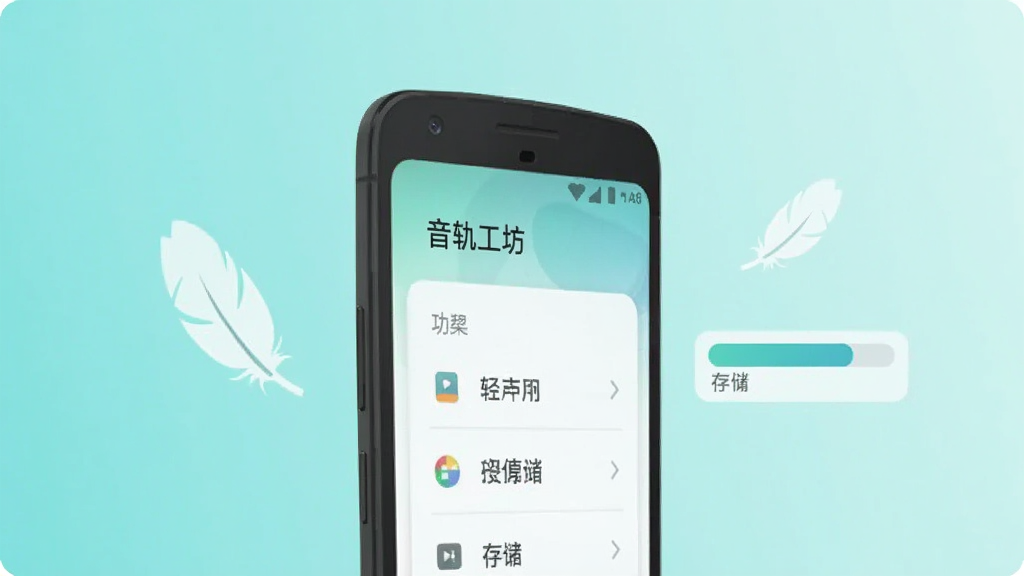 一部安卓手机侧面视角,屏幕显示“音轨工坊”的简洁功能列表界面,旁边漂浮着代表轻量的羽毛图标和存储空间条,背景为浅青色渐变,扁平化矢量插画风格,画面干净整洁,画质清晰
