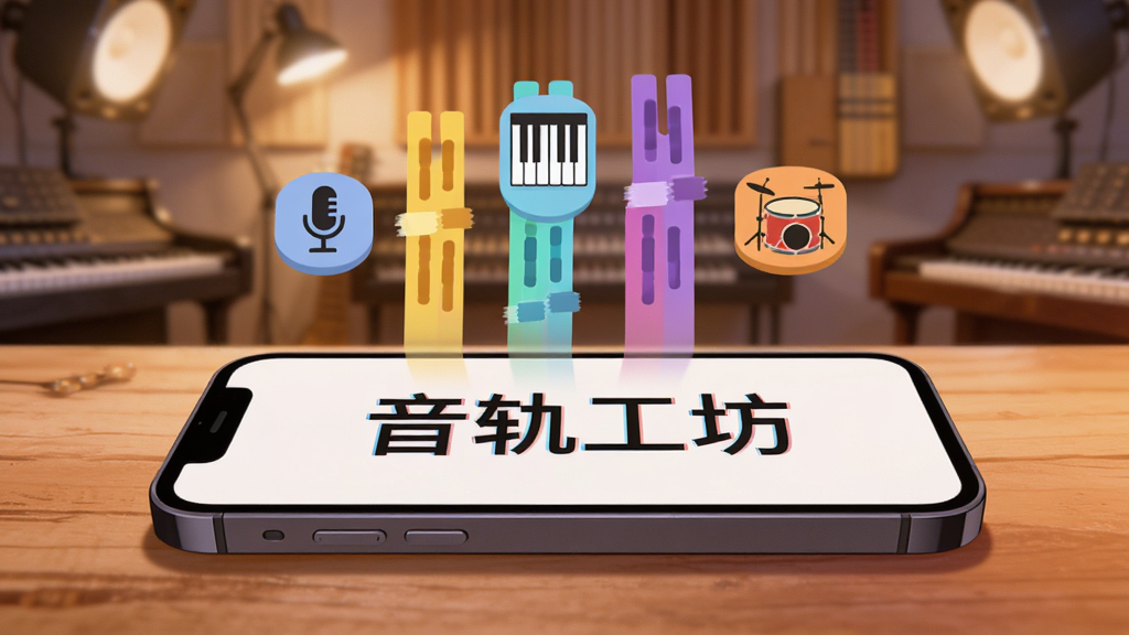 一部手机平放在木质桌面上,屏幕中显示“音轨工坊”四个字,屏幕上方漂浮着几条分离出来的彩色音轨条带,分别用图标表示人声麦克风、钢琴键盘和鼓面,背景是柔和的暖光工作室环境,扁平插画风格,构图居中,画质干净细腻