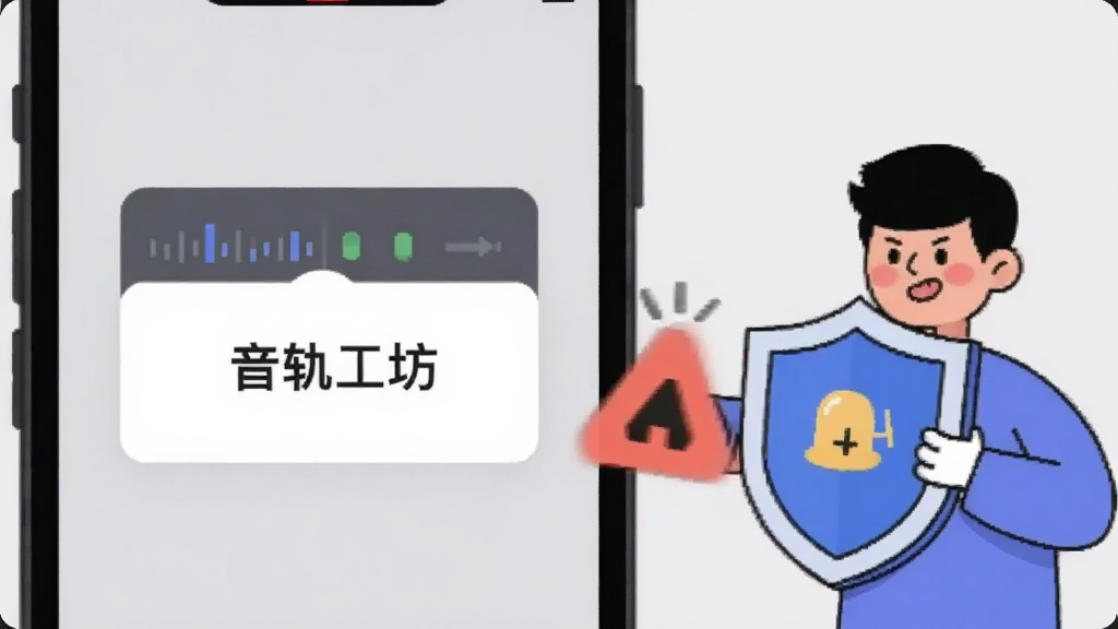 一部手机屏幕显示“音轨工坊”的提示弹窗界面,旁边有一个卡通人物手持盾牌挡住风险图标,背景为浅灰色,扁平化插画风格,画面简洁,画质干净,无多余元素