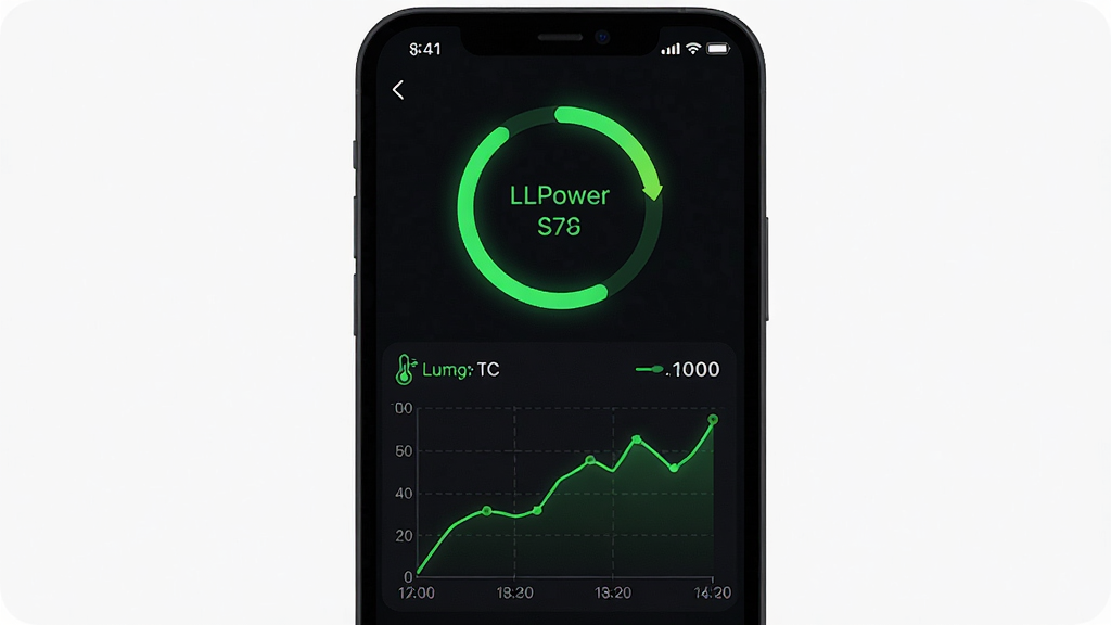 LLPower��ؼ�ع��ܽ��棬�ֻ���Ļչʾ����¶�����ͼ���ѹ��ֵ�����������ɫ��������ӫ����ɫ��������������Ϊ�Ϸ����ε���ָʾ���·���������ͼ�����Ƽ���ǿ��ϸ�ڰ����¶ȼ�ͼ�ꡢ��ѹ���š�ʱ����̶ȣ����ʸ���ɾ����޶���װ��Ԫ��