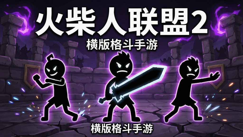 画面主体为三个暗黑剪影风格的火柴人英雄并排站立,居中角色手持发光巨剑,左右角色分别摆出格斗与施法姿态,背景是破碎的石质竞技场与紫色能量光效,整体布局为横版游戏宣传海报构图,上方居中排版白色大字“火柴人联盟2”,下方小字标注“横版格斗手游”,风格为暗黑卡通与霓虹光效结合,细节包含角色轮廓发光边缘、地面裂纹与粒子飞溅效果,画质高清,干净,无多余元素
