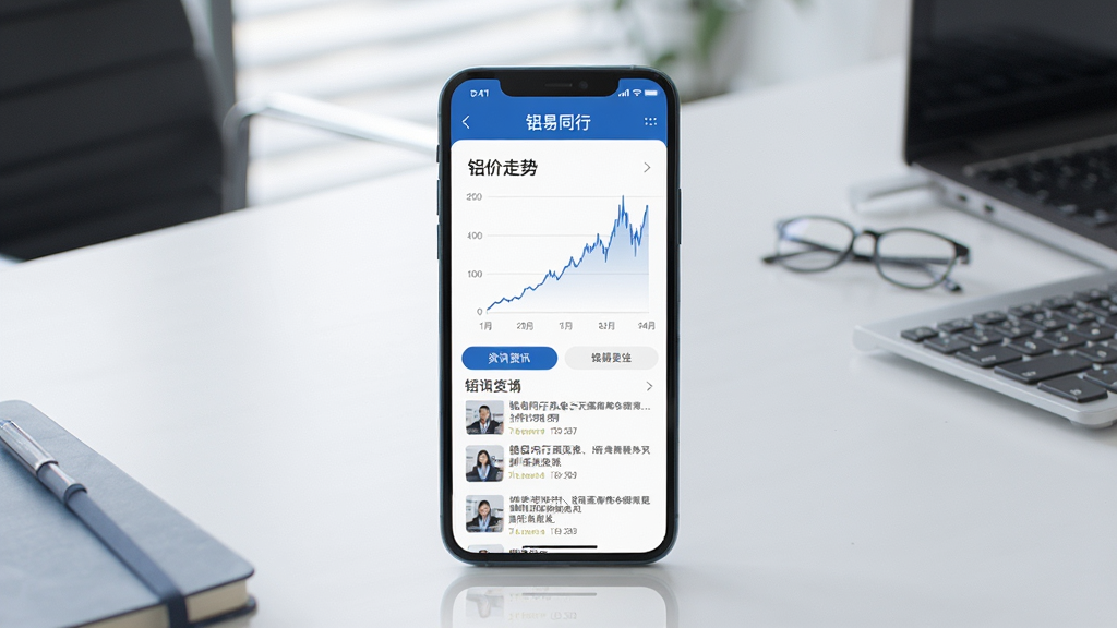 铝易同行应用内行情页面展示,手机界面呈现铝价走势折线图与资讯列表,背景为简约办公桌面,商务蓝配色,画面干净清晰,画质细腻