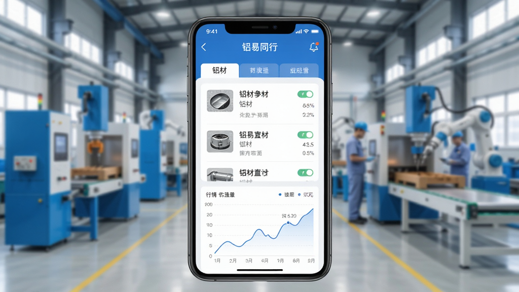 手机屏幕展示铝易同行应用主界面,画面中央为铝材产品列表与行情曲线图,背景为现代化铝加工车间,蓝白商务配色,扁平化UI风格,细节清晰,画质干净,无多余元素