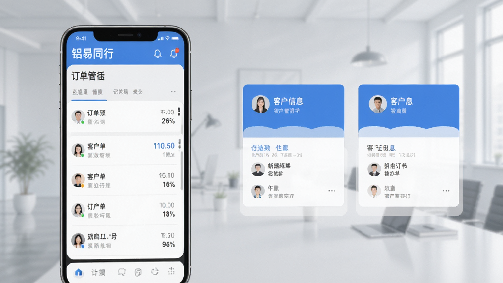 铝易同行订单管理界面,手机屏幕显示订单列表与客户信息卡片,背景为简洁商务场景,浅灰与蓝色调,扁平化设计,细节丰富,画质干净