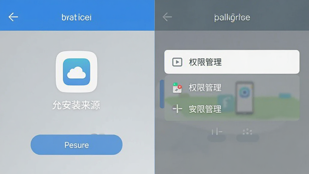 手机安全设置界面示意图,展示允许安装未知来源应用与权限管理选项,界面简洁清晰,蓝灰色调,扁平化风格,画质干净