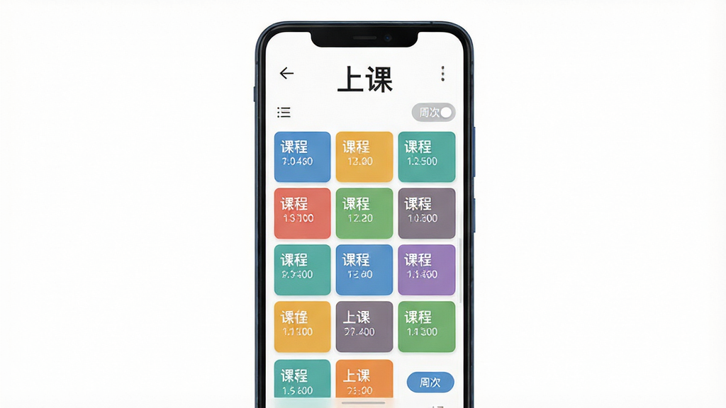 主体为一部竖屏安卓手机,屏幕中央展示彩色课程表界面,布局为手机居中、四周留白、课程方块整齐排列,排版简洁清晰,风格为扁平化现代UI,细节包含课程名称、时间标签、周次切换按钮,画质高清干净无多余元素,画面中屏幕上方打文字“上课”