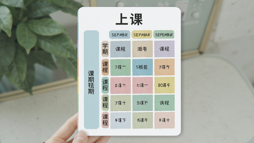 主体为一张展开的学期课表卡片,布局为卡片纵向排列、左侧显示学期标签、右侧显示课程格子,排版整齐对称,风格为清新浅色扁平设计,细节包含多个学期标签页与彩色课程方块,画质高清干净无多余元素,画面中卡片上方打文字“上课”