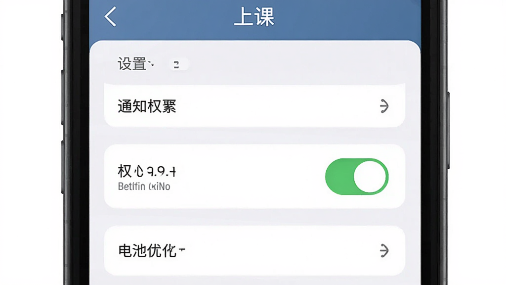 主体为手机屏幕展示上课应用设置页面,布局为设置项纵向列表、权限开关位于画面中部,排版清晰有序,风格为简约商务扁平风,细节包含通知权限开关与电池优化选项,画质高清干净无多余元素,画面中列表顶部打文字“上课”