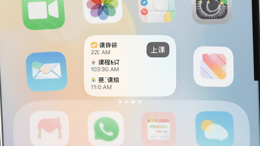 主体为手机桌面与课程表小组件,布局为桌面图标环绕小组件、小组件位于画面中央偏上,排版疏密有致,风格为柔和圆角现代风,细节包含小组件中的课程名称与时间文字、桌面背景简洁,画质高清干净无多余元素,画面中小组件内打文字“上课”