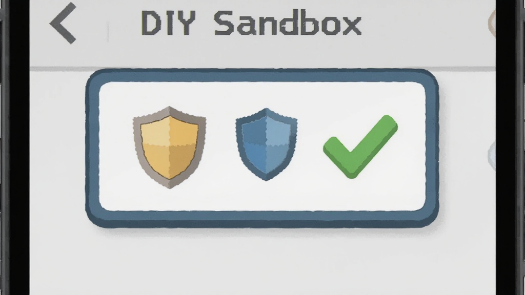 画面为手机屏幕特写,屏幕中DIY Sandbox界面出现提示弹窗,旁边有盾牌图标与对勾符号,布局简洁居中,风格为扁平化提示插画,细节表现弹窗边框与图标质感,画质清晰干净,背景为浅灰白,无多余元素