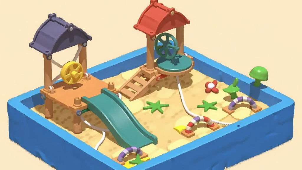 画面呈现DIY Sandbox中一个完整的小型场景作品,包含平台、斜坡、旋转部件和装饰元素,整体像迷你游乐场,视角为俯视微倾斜,风格为清爽扁平化插画,细节刻画部件连接关系,画质高清干净,背景为浅米色,无多余文字与装饰