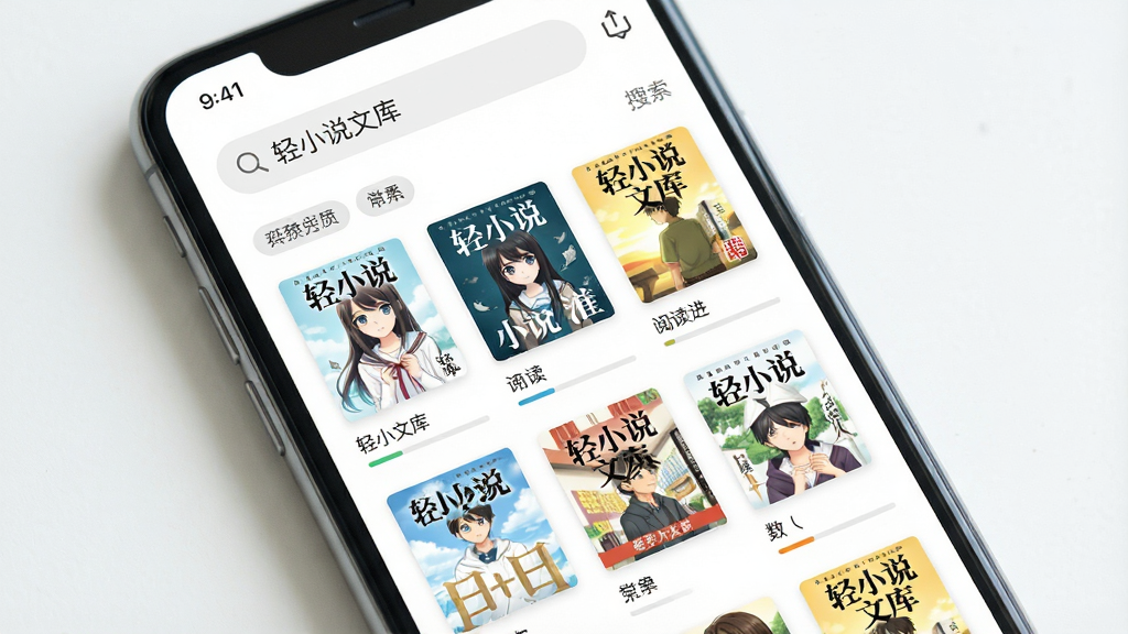 一个简洁的手机阅读应用界面,主体是一部智能手机,屏幕显示轻小说书架列表,布局为上下结构上方搜索栏下方书籍封面网格,排版整齐,风格清新明亮,细节包括书架封面、分类标签、阅读进度条,画质高清干净无多余元素,图片中文字为