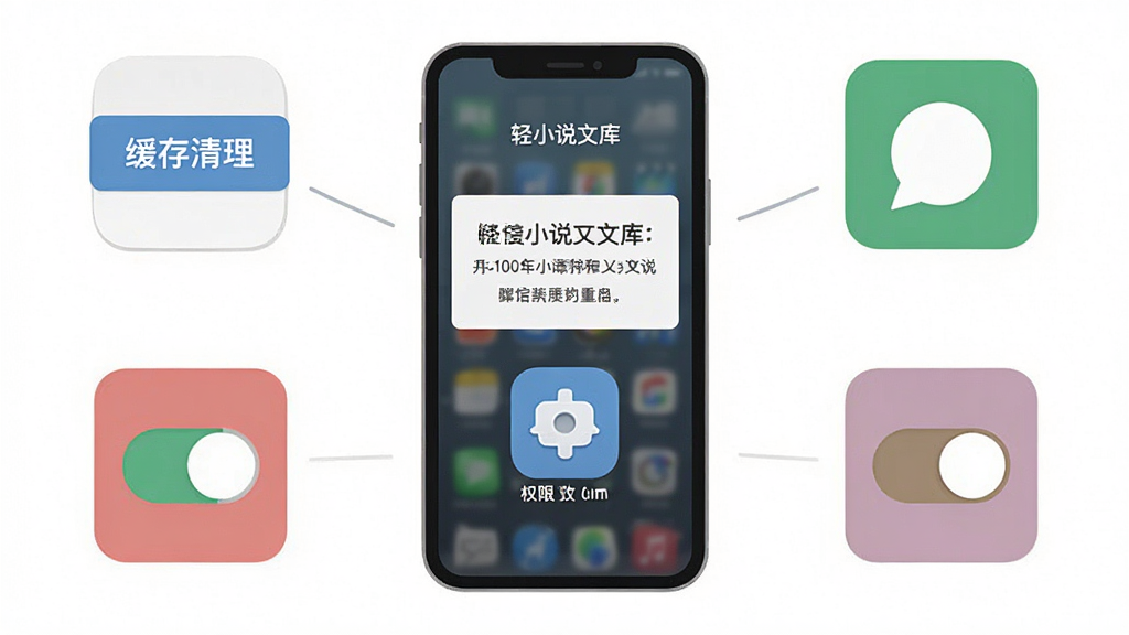 一个手机应用故障排查场景,主体是手机屏幕显示错误提示与修复工具图标,布局为中央手机与四周工具图标环绕,排版均衡,风格扁平化插画,细节包括缓存清理按钮、重启图标、权限开关,画质高清干净无多余元素,图片中文字为
