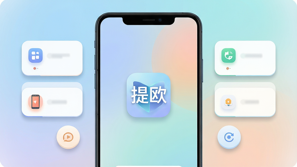 主体为一部安卓手机正面展示,屏幕中央显示“提欧”软件图标与简洁启动界面,布局采用居中对称构图,手机两侧点缀轻量功能卡片与圆形按钮图标,排版上下分层、留白充足,风格为清爽扁平化科技风,细节包含柔和渐变背景、圆角图标、细腻阴影,画质高清、干净、无多余元素