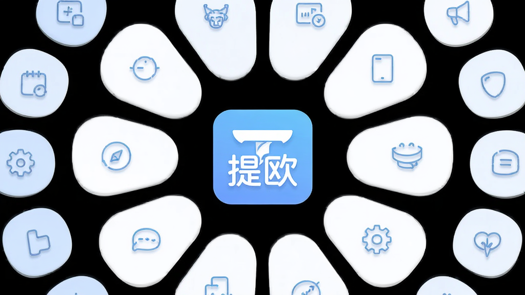 主体为“提欧”软件功能面板展示,布局为多个功能图标环绕中心软件标志,排版呈放射状圆形分布,风格为柔和圆角扁平风,细节包含浅蓝与白色配色、细线图标、轻微投影,画质高清、干净、无多余元素