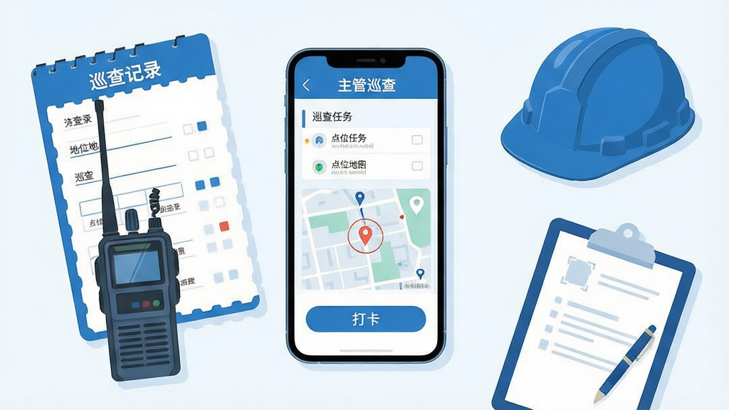 画面中央展示一部智能手机,屏幕上显示“主管巡查”软件首页界面,界面包含巡查任务列表、点位地图与打卡按钮,手机周围环绕巡查记录表、对讲机、安全帽与写字板等元素,整体采用扁平化商务插画风格,配色以蓝色和白色为主,布局居中对称,细节清晰,画质干净,无多余元素,高清画质