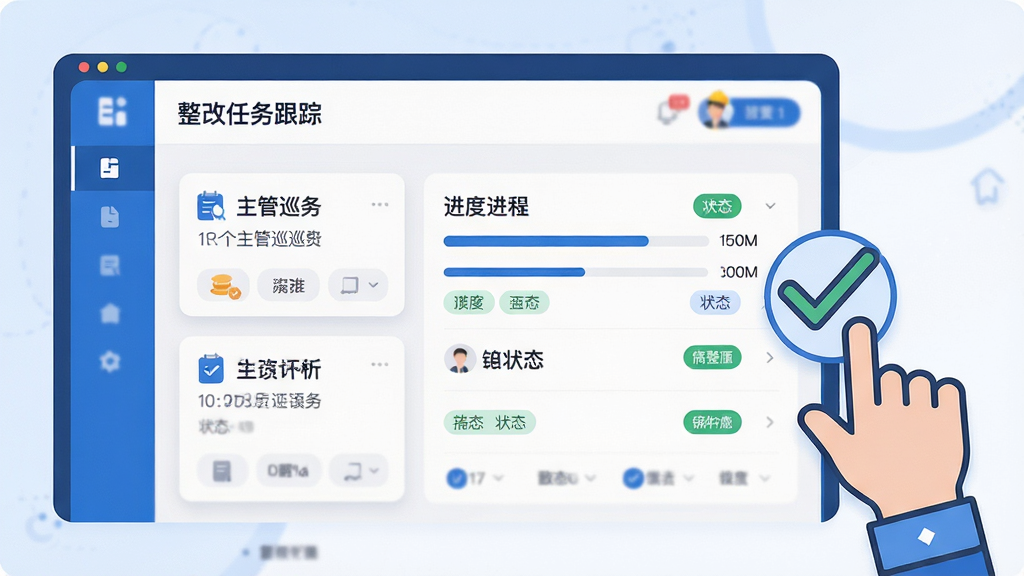 画面展示“主管巡查”软件中的整改任务跟踪界面,屏幕上有任务卡片、进度条与状态标签,旁边配有打勾确认的手势图标,整体为简洁的扁平化UI插画风格,蓝白配色,布局清晰,细节精致,画质干净高清,无多余元素