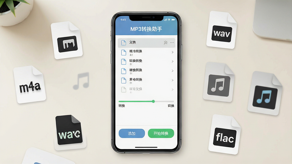 一张展示手机音频转换软件界面的场景图,画面中央是一部竖屏智能手机,屏幕上显示着简洁的音频转换操作界面,顶部有