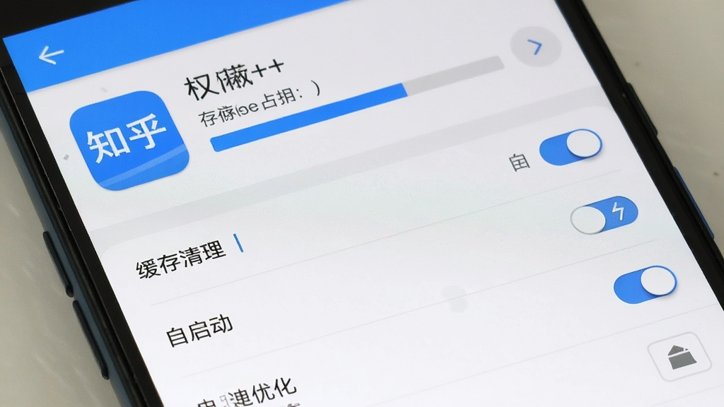 一张展示安卓手机应用管理界面的图片,画面主体为手机屏幕特写,屏幕内显示“知乎++”的应用信息页与权限管理开关,布局为上下结构,上方为应用图标与存储占用条,下方为权限列表,风格为简洁系统设置风,细节包括缓存清理按钮、自启动开关、电池优化选项,画质清晰,干净无多余元素