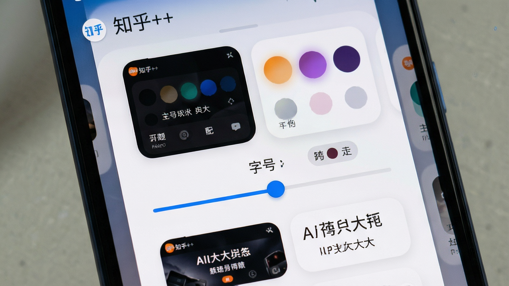 一张展示手机界面个性化设置场景的图片,画面主体为安卓手机屏幕特写,屏幕内显示“知乎++”的主题切换面板,布局为居中展示配色方案卡片与字号调节滑块,风格为柔和圆角卡片式设计,细节包括深色模式预览、多种主题色块、字体大小对比示例,画质高清,干净无多余元素
