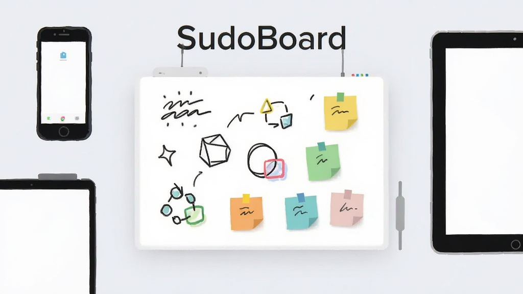 画面中央是一块简洁的白色数字画布,画布上方悬浮着“SudoBoard”字样,画布中分布着手绘线条、几何图形和彩色便签,周围环绕手机与平板设备轮廓,整体采用清爽扁平化风格,浅色背景,细节干净利落,画质清晰,无多余装饰元素