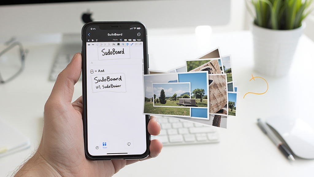 画面中一只手拿着手机,手机屏幕显示“SudoBoard”白板界面,白板内容正以图片形式向外导出,背景为简洁桌面环境,整体风格清新明快,布局聚焦手机屏幕,细节清晰,画质干净