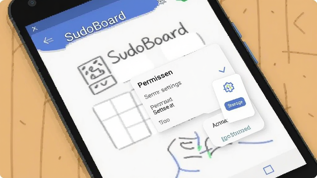 画面展示一部安卓手机屏幕,屏幕上显示“SudoBoard”白板应用界面,旁边有权限设置弹窗和存储空间提示图标,整体采用扁平插画风格,布局清晰,色调柔和,细节干净,画质清晰