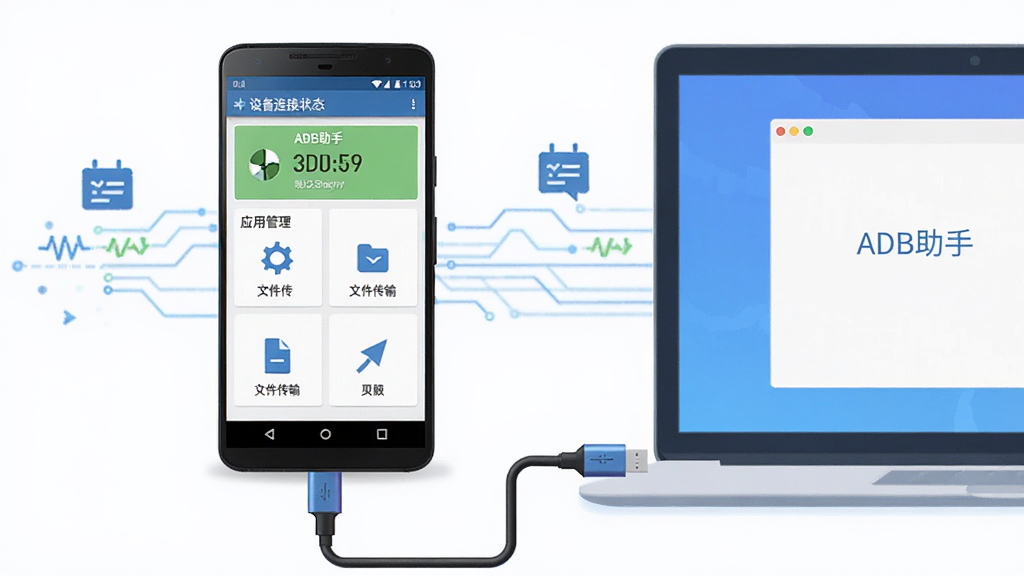 主体为一台安卓手机与一台笔记本电脑通过数据线连接,手机屏幕显示ADB助手软件界面,界面中包含设备连接状态、应用管理、文件传输等模块,布局为居中对称构图,排版上手机在左、电脑在右,风格为科技感扁平化插画,细节上添加数据流动线条与调试符号元素,画质清晰干净,无多余元素,图片中文字为“ADB助手”