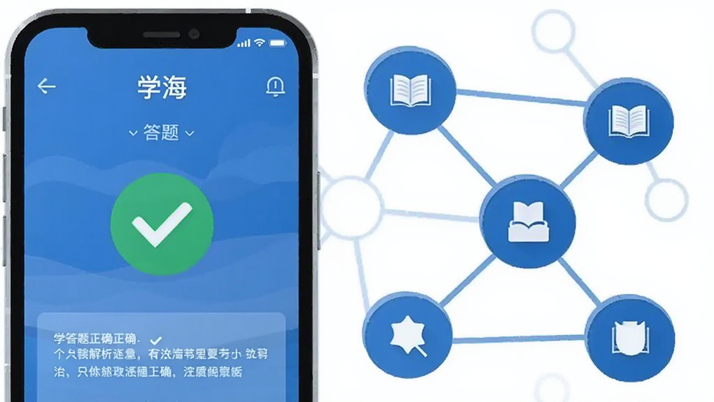 一张横向构图的学习场景插画,画面左侧为“学海”手机界面特写,屏幕显示答题正确后的绿色对勾与解析文字,右侧为抽象化的知识节点网络图,节点用圆形图标表示,线条为浅蓝色,背景为纯白,风格简洁现代,细节清晰,画质干净,无杂乱元素