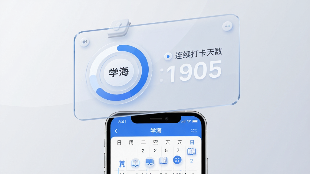 画面为一块悬浮的透明数据面板,面板上展示“学海”学习进度环形图与连续打卡天数数字,面板下方为手机轮廓,手机屏幕显示日历打卡界面,整体风格为轻拟物加扁平混合,主色为蓝白,背景为浅灰渐变,排版整齐,细节精致,画质高清,无多余文字