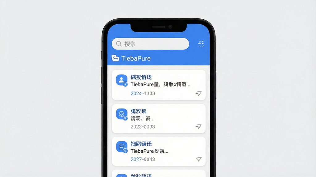 一张手机屏幕正面展示贴吧类应用界面的产品展示图,画面中央是一台竖放的黑色边框智能手机,屏幕上显示简洁的贴吧帖子列表页面,顶部有搜索栏和「TiebaPure」字样的应用标题,列表卡片干净无广告横幅,整体采用浅色背景与蓝色点缀的扁平化设计风格,细节包括圆角卡片、细分割线与清晰的中文帖子标题,画质清晰,画面干净,无多余元素