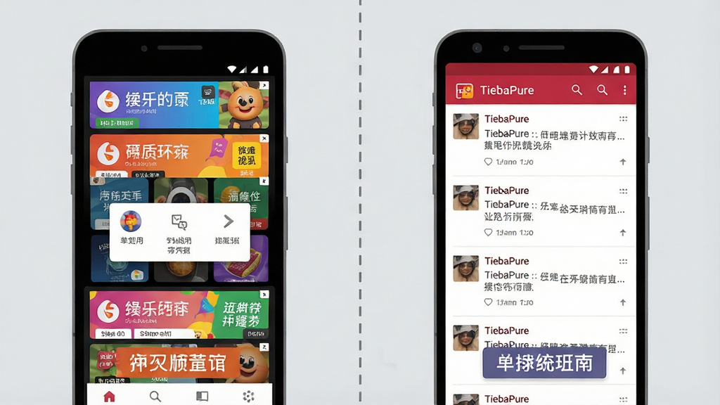 一张展示手机应用界面净化前后对比的示意图,画面左右并排两部手机,左侧手机屏幕布满彩色广告横幅与弹窗,右侧手机屏幕为「TiebaPure」的清爽帖子列表,中间用一条竖直虚线分隔,背景为浅灰色,风格为扁平化信息图,细节包括清晰的界面元素与对比标签,画质清晰,画面干净,无多余元素