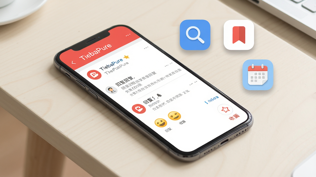 一张手机应用功能展示图,画面为一部手机斜放在浅色桌面上,屏幕显示「TiebaPure」的帖子详情页,页面中包含楼层回复、表情按钮与收藏图标,旁边点缀几个悬浮的功能图标如放大镜、书签与签到日历,风格为清爽的扁平化设计,细节包括圆角图标与柔和阴影,画质清晰,画面干净,无多余元素