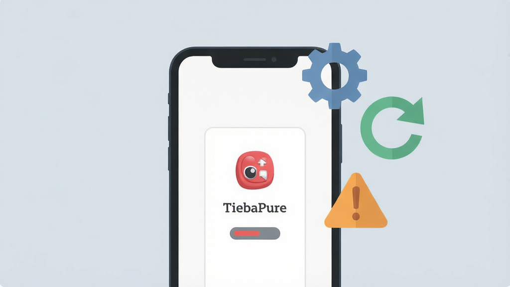 一张手机应用问题排查场景的示意图,画面为一部手机屏幕显示「TiebaPure」的加载页面,旁边漂浮着齿轮、刷新箭头与警告图标,背景为浅灰蓝色,风格为扁平化信息图,细节包括清晰的图标与简洁的排版,画质清晰,画面干净,无多余元素