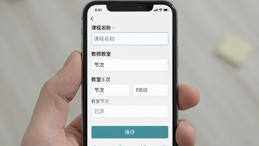 一张手机屏幕显示课程详情编辑页,主体为表单界面,布局是上方课程名称输入框下方教师教室节次字段,排版纵向排列,风格为简洁工具类应用风格,细节包含输入框和保存按钮,画质清晰干净,无多余元素