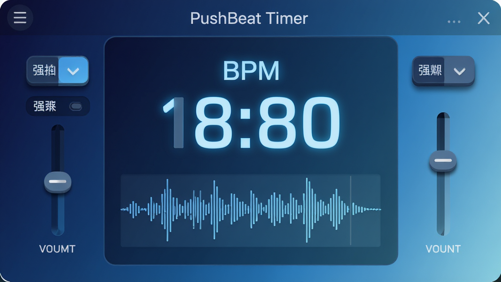 画面主体为PushBeat Timer软件的节拍设置面板,面板中央显示大号BPM数值与波形节拍线,左右两侧分别排列强弱拍切换按钮与音量调节滑块,布局采用上下分层结构;风格为现代科技感扁平设计,背景为深蓝到浅蓝的渐变,细节上强调按钮的微立体阴影与数值的发光效果;画质干净锐利,无杂乱元素,突出精准节拍控制的主题。