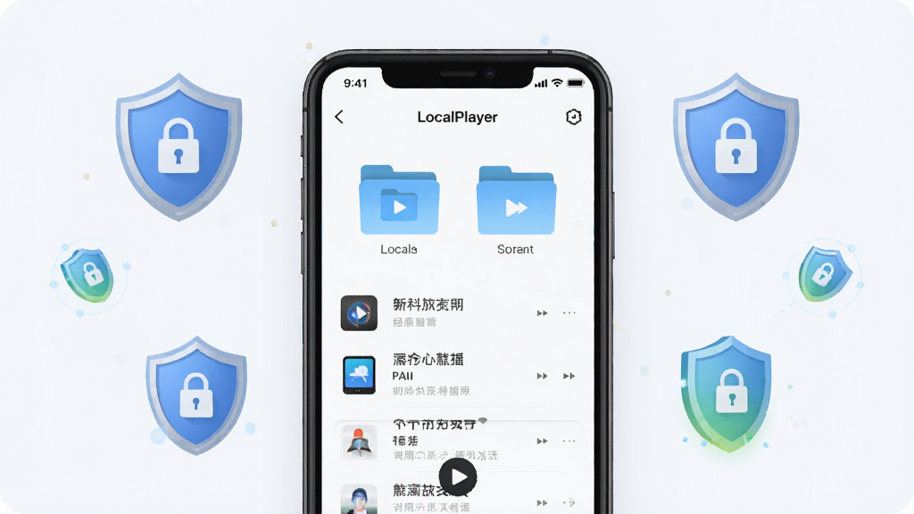 一张表现LocalPlayer播放器本地隐私播放理念的示意图,画面为手机屏幕中显示本地文件夹与播放列表,周围有盾牌图标与锁形标识,布局为居中对称,风格简约安全风,细节包括本地存储图标与隐私保护符号,画质清晰干净,背景为浅灰白,无多余元素