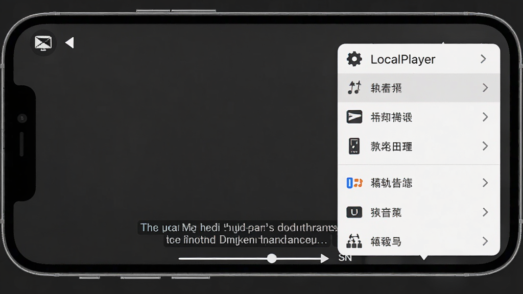 一张展示LocalPlayer播放器字幕加载与音轨切换功能的界面图,画面为手机横屏播放状态,屏幕下方显示字幕文字,右侧弹出音轨选择菜单,布局为横屏居中,风格清爽简洁,细节包括字幕设置图标与音轨列表,画质清晰干净,背景为深灰纯色,无多余装饰