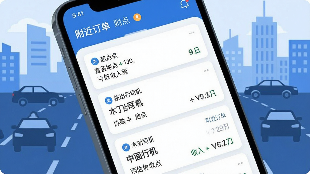 一张展示“木丁出行司机”订单大厅的手机界面图,画面中手机屏幕显示多个订单卡片,每张卡片上标注起点终点与预估收入,屏幕上方有“附近订单”字样,背景为城市道路与车辆剪影,风格扁平化插画,色彩以蓝色和白色为主,细节清晰,画质干净