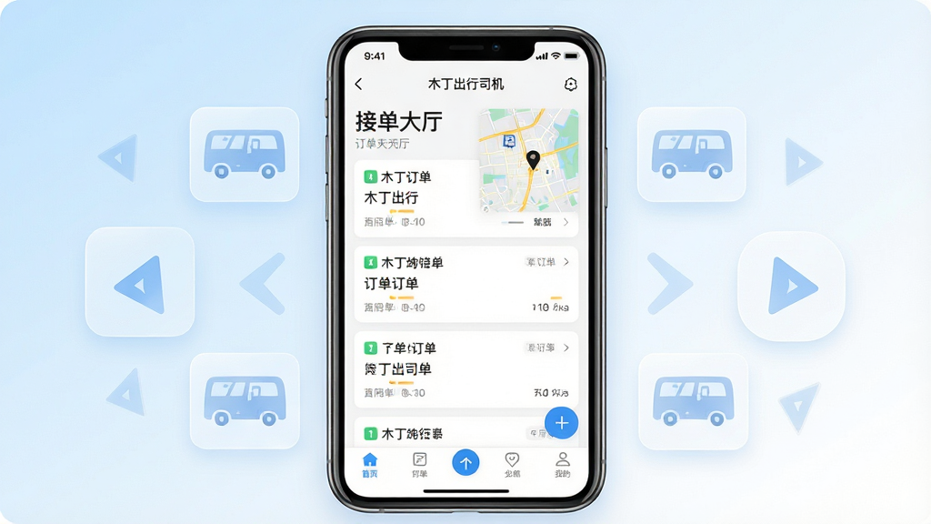 一张手机应用界面展示图,画面中央是一部竖屏智能手机,屏幕上显示“木丁出行司机”接单大厅界面,包含订单卡片列表、地图小窗和底部导航栏,手机两侧环绕半透明的订单图标与导航箭头,背景为浅蓝到白色的渐变,整体风格清爽现代,细节清晰,画质干净,无多余元素