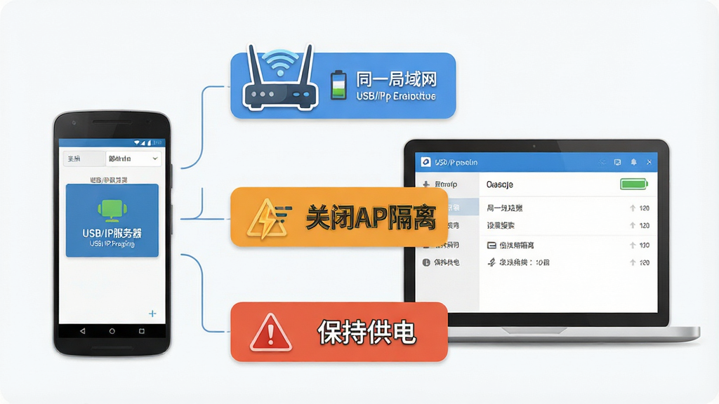 一幅展示USB/IP服务器使用注意事项的提示类插图,画面主体是一部安卓手机和一台笔记本电脑,手机屏幕显示“USB/IP服务器”运行界面,笔记本屏幕显示设备搜索列表,画面中用醒目的图标标注“同一局域网”“关闭AP隔离”“保持供电”三个提示标签,布局为左右分栏,风格信息图卡片式,细节包括路由器图标、电池图标、警告三角图标,画质高清,干净整洁,无多余背景装饰