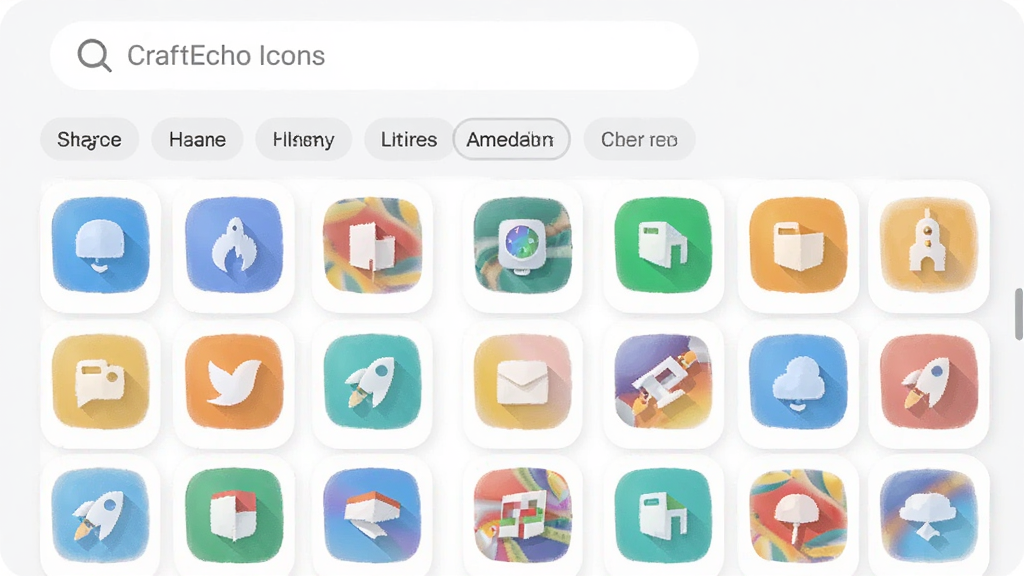 CraftEcho Icons软件界面展示图标资源库网格,主体为手机屏幕中排列多行多列的图标缩略图,布局为顶部搜索栏下方分类标签再下方图标网格,排版整齐有序,风格为清新浅色扁平设计,细节包含彩色图标、分类标签、圆角卡片,画质清晰干净无多余元素