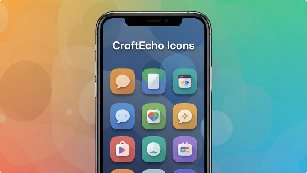 软件名称CraftEcho Icons主界面展示,主体为一部智能手机居中放置,屏幕中显示排列整齐的彩色图标网格,布局为上方软件标题文字下方图标展示区,排版简洁居中,风格为现代扁平化科技感,细节包含渐变背景、图标阴影、圆角卡片,画质清晰干净无多余元素