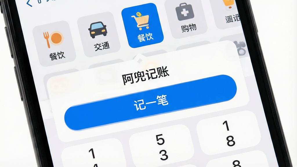 画面主体是一部手机特写,屏幕显示“阿兜记账”快速记账弹窗,金额数字键盘占据下半屏,上方为餐饮、交通、购物等分类图标横向排列,其中“餐饮”图标被高亮选中;布局为手机居中、弹窗内容占画面主要区域;风格为清爽扁平化产品界面风,配色以白色底、蓝色主按钮、浅灰分类块为主;细节上键盘按键圆润、数字清晰、分类图标带轻微描边;画质高清、干净、无多余元素,画面中文字标注“阿兜记账”与“记一笔”。