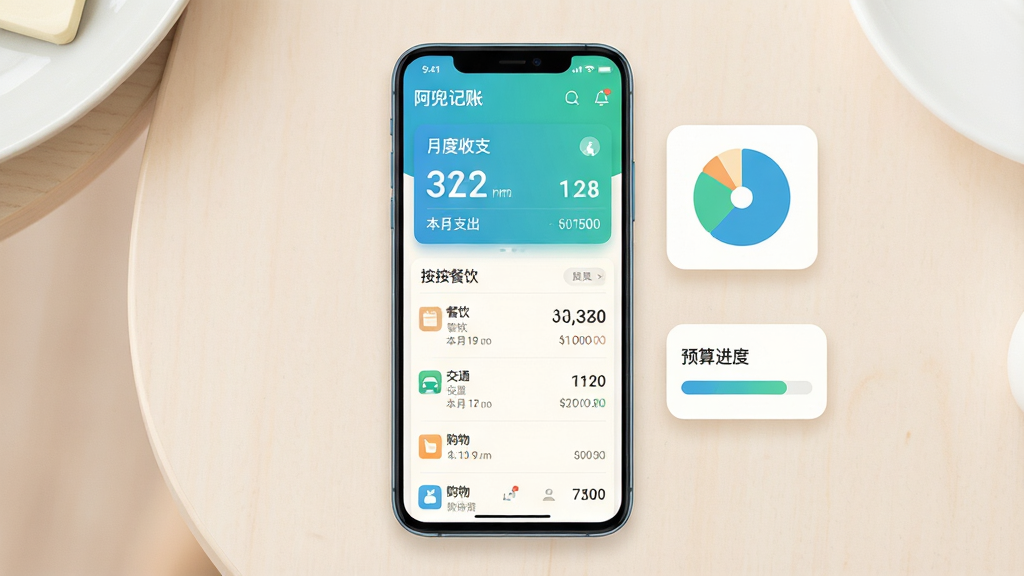 画面主体是一部竖屏安卓手机,屏幕中展示“阿兜记账”应用主界面,上方为月度收支总览卡片,下方为按餐饮、交通、购物分类的流水列表,旁边漂浮着简洁的饼状图与预算进度条图标;整体采用居中构图,手机置于浅色桌面背景中央,四周留白干净;风格为现代扁平化UI展示风,配色以清新蓝绿与暖白为主;细节上突出数字字体清晰、图标圆润、卡片阴影柔和;画质要求高清、干净、无多余元素,画面中文字标注“阿兜记账”与“本月支出”。