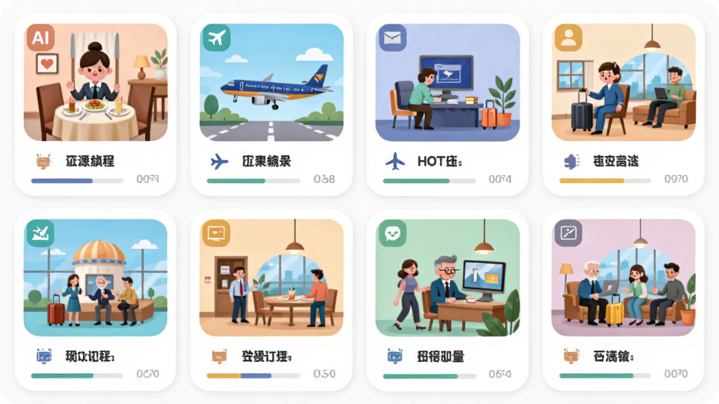 画面主体为AI外教应用场景课程页面,布局为多张场景卡片以网格形式排列,每张卡片配有小图标与场景名称,排版整齐有序,风格为柔和圆角卡片设计,细节包括餐厅、机场、酒店等场景插画与进度标记,画质清晰细腻,无多余元素