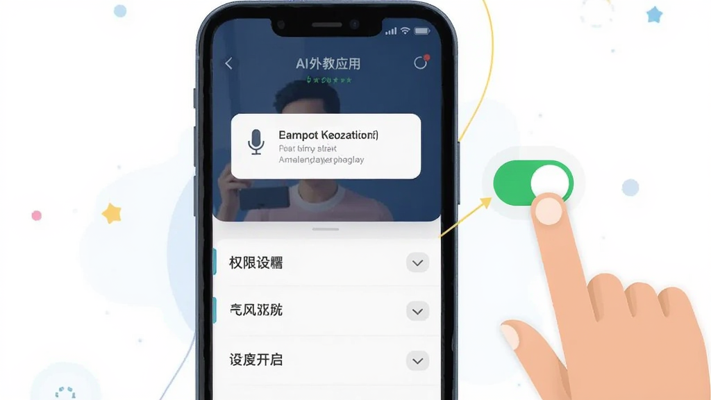 画面主体为手机屏幕展示AI外教应用权限设置与麦克风开启引导页面,布局为手机界面居中,旁边配有手指点击权限开关的示意,排版简洁直观,风格为扁平化科技插画,细节包括权限弹窗、麦克风图标与设置列表,画质清晰干净,无多余元素